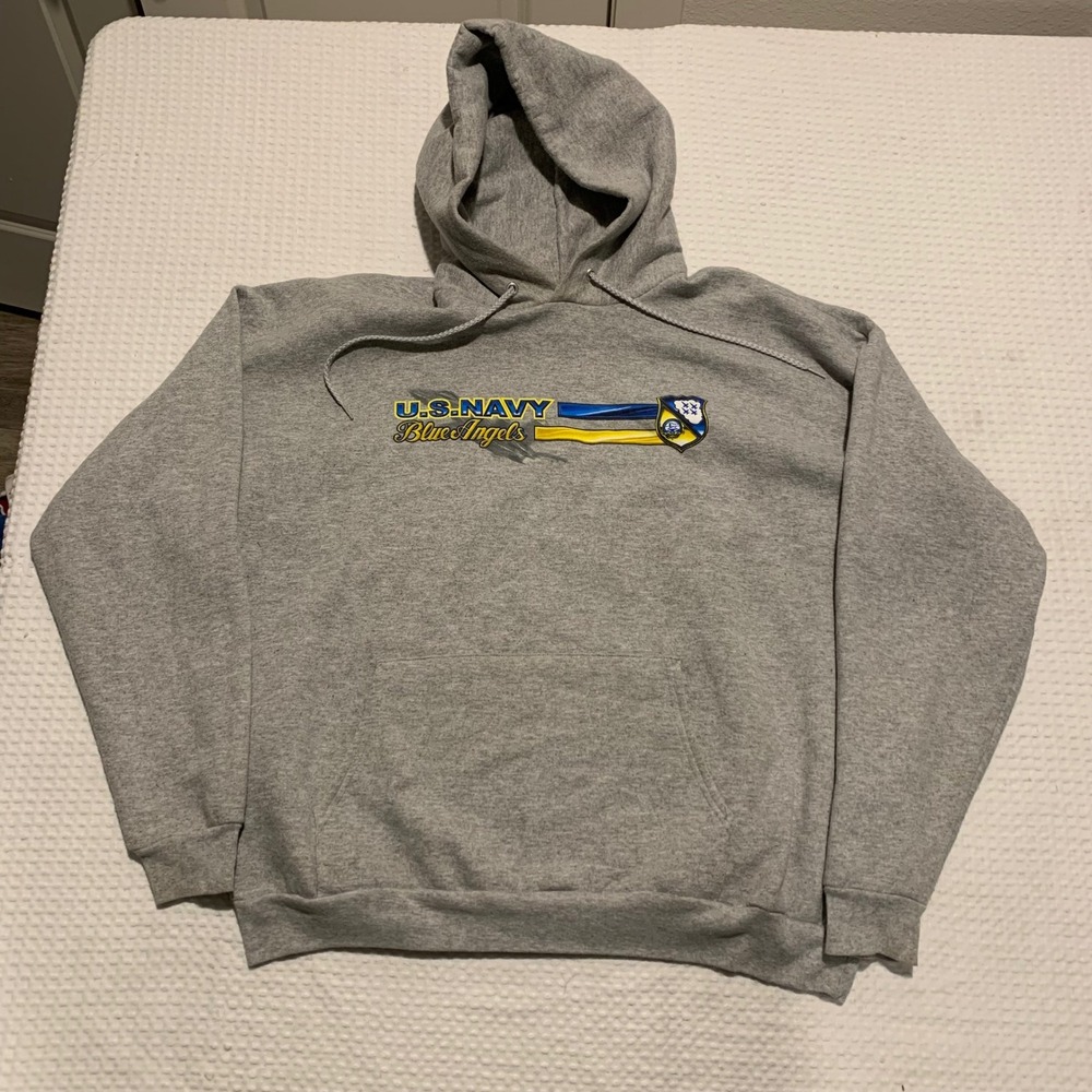 Hanes US Navy Blue Angels Hoodie Gray Sweatshirt Mens XL ComfortBlend PrintPro